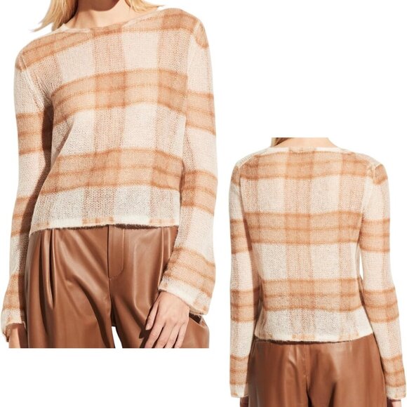 Vince - Women’s ‘Brushed Plaid’ Sweater, Alpaca/Mohair, Crop, Tan/White X-Small - Picture 1 of 17